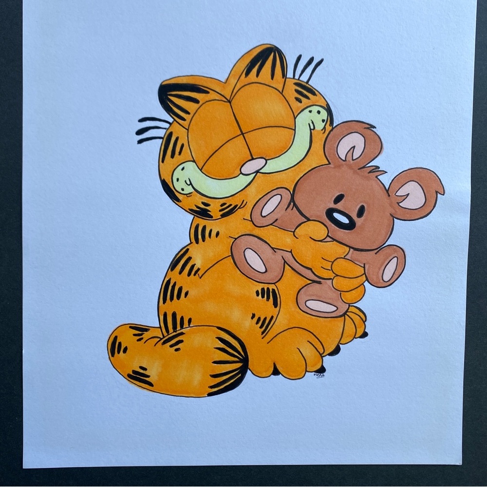 Garfield Pookie Cartoon Drawing Illustration Mixed Media 11x8.5” Cat Teddy Bear